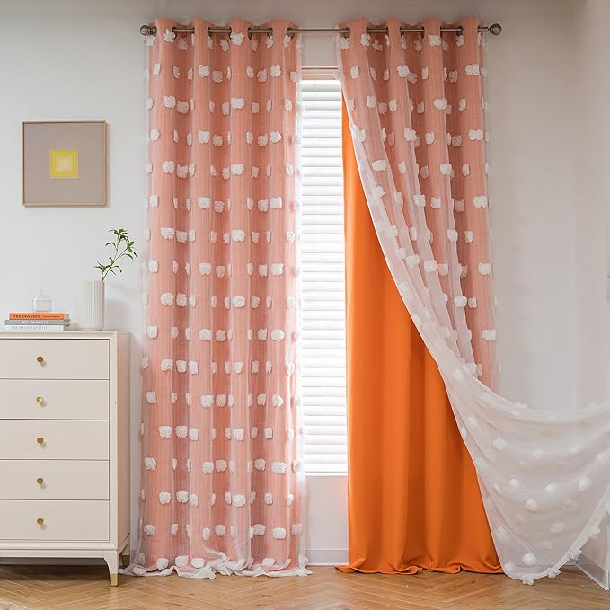 MYSKY HOME Nursery Curtains for Girl Bedroom Orange Curtains 72 Inches Long Pom Pom White Sheer Curtains for Kids Room Double Layer Toddler Bedroom Grommet Room Darkening Window Panels 52 x 72 in