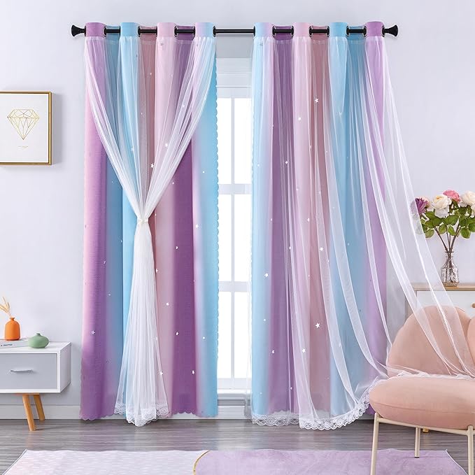 XiDi Blackout Curtains 90 Inches Long for Girls Bedroom, Room Darkening Grommet Window Ombre Curtains 2 Panel Sets, Kids Unicorn Princess Theme Decor Colorful Rainbow Design Pink/Purple/Blue 34x90