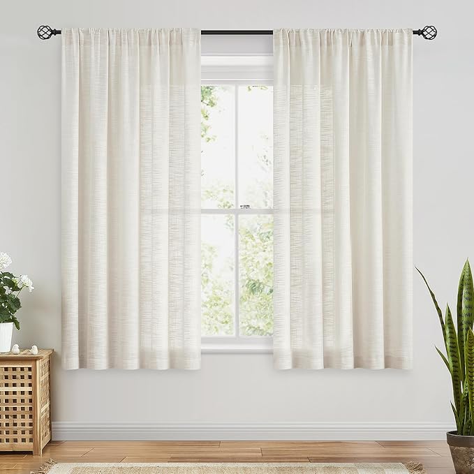 FMFUNCTEX Linen Semi Sheer Curtains 54 Inch Length for Bedroom Living Room, Beige Curtain Panels Sheer Linen Textured Window Drapes Farmhouse Light Filtering Natural 2 Panels Rod Pocket