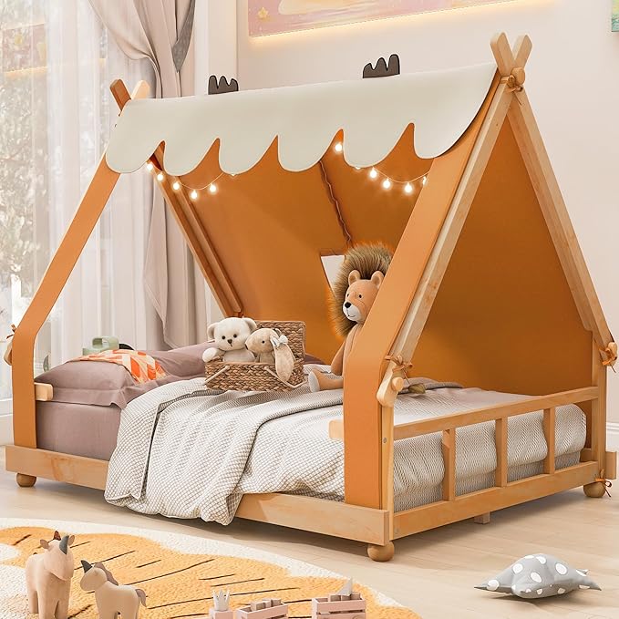 Full Size House Bed for Kids with Light and Tent, Montessori Floor Bed Full for Kids Girls Boys Teens Bedroom, Brown