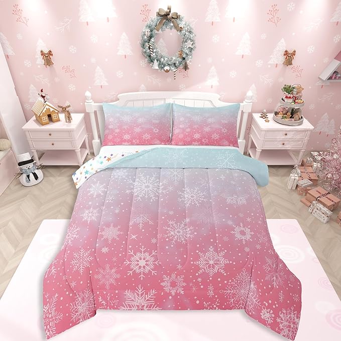Feelyou Christmas Comforter Set King Size Winter Snowflake Bedding Set for Kids Boys Girls Blue Pink Gradient Duvet Quilt Bedroom Decor Microfiber 3 Pcs with 2 Pillow Cases