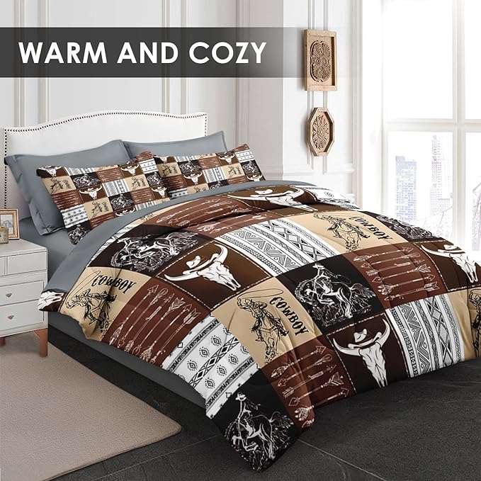 7 Pcs Queen Size Comforter Set with 2 Pillowcases & 2 Shams, Cowboy Vintage Brown Bedding for Kids and Adults, Western Bed in a Bag with Flat Fitted Sheet