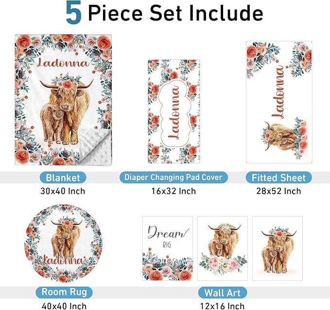 Personalized Baby Crib Bedding Set, Custom Name Blanket with Dotted Backing, 5 Piece Custom Gift Highland Cow Crib Bed Set for Baby Infant Shower Birthday, Floral Crib Bedding Gifts Style08