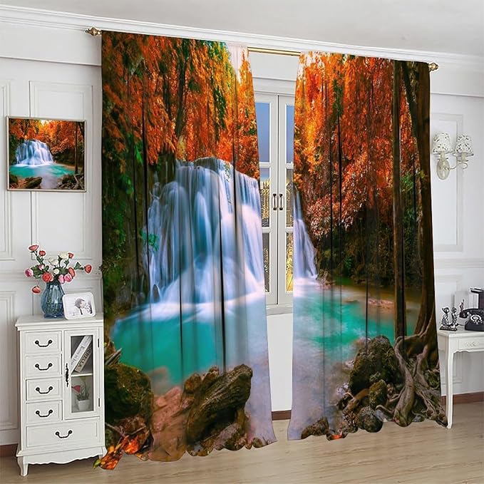 Autumn Forest Waterfall Blackout Curtains, Fall Leaves Trees Jungle Country Nature Landscape Window Drapes, for Bedroom Living Room 42" W X 54" L