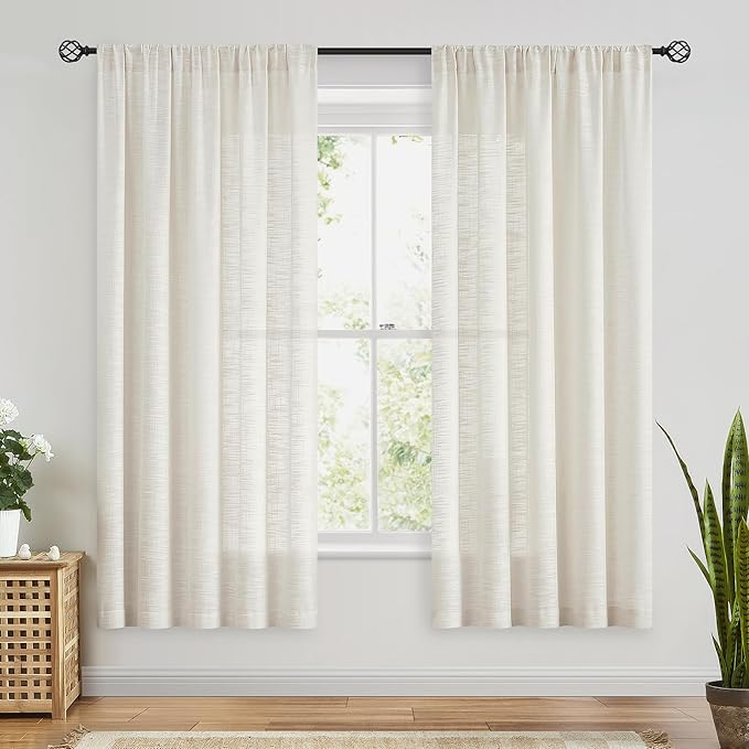FMFUNCTEX Linen Semi Sheer Natural Curtains for Bedroom Living Room, Beige Curtain Panels 63 Inch Length Sheer Linen Textured Window Drapes Farmhouse Light Filtering 2 Panels Rod Pocket