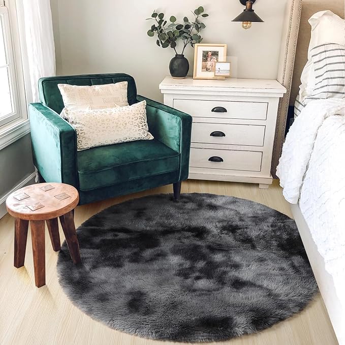 Amdrebio Tie-Dyed Dark Grey Round Area Rug 5Ft for Living Room Bedroom, Soft Furry Shaggy Circle Rugs for Classroom Playroom Dorm, Modern Cool Shag Fluffy Fuzzy Circular Carpet for Men Kids Teen Boys