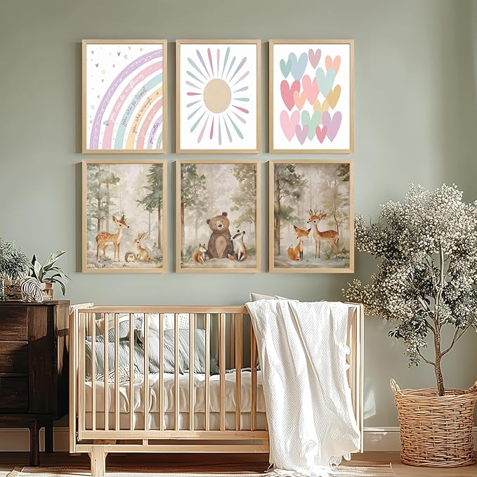 LLEEMPI Woodland Nursery Wall Decor Set of 3, Cute Forest Animal Wall Art, Bear Fox Deer Watercolor Canvas Prints, Vintage Nature Poster Prints for Kids Bedroom Bathroom Playroom Wood Framed 16x24 Inch