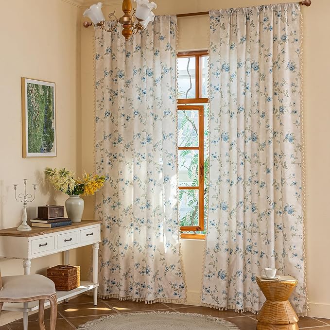ENJOYBRIDAL Blue Floral Curtains 84 Inch Long Bedroom Cute Drapes Rod Pocket Boho Semi Sheer Rustic Window Curtain Panels Floor Length Living Room Farmhouse 2 Panels Vintage Window Treatments