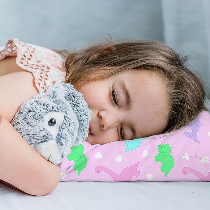 Little Sleepy Head Youth Pillow with Pillowcase 16x22, Soft Jumbo Toddler Pillows, Hypoallergenic Pillow Case - Best Kids Pillows for Sleeping, Perfect Kids Travel Pillows (Dinosaurs Pink)