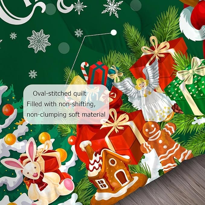 Green Christmas Comforter Queen: Merry Xmas Santa Claus Bedding Set Queen Size for Teens Adults Kids Pine Tree Gifts Gingerbread Quilt Bed Set 1 Comforter & 2 Pillowcases