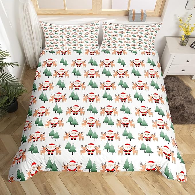 Feelyou Christmas Duvet Cover Cartoon Santa Claus Bedding Set for Kids Boys Girls Teens Room Decor Cute Deer Christmas Tree Comforter Cover Set Xmas Theme Bedspread Cover 3Pcs Zipper King Size