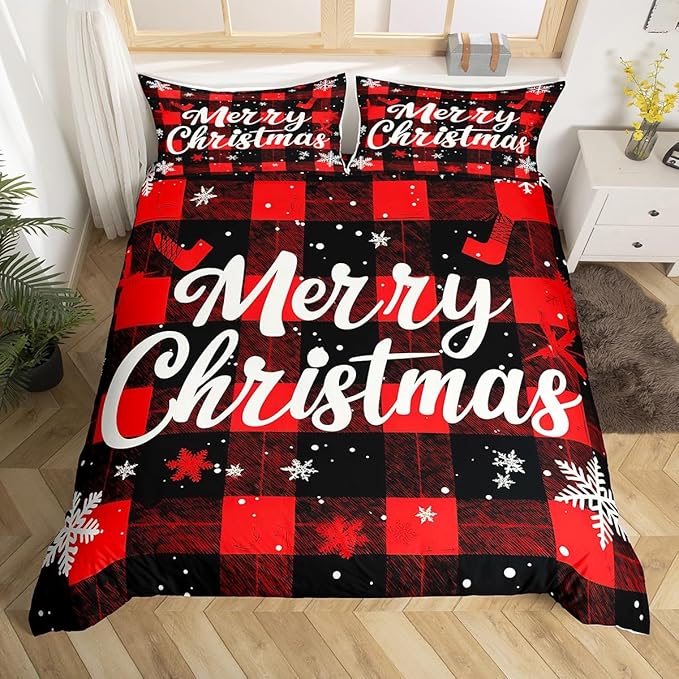 Red Black Plaid Duvet Cover Set Full Size Merry Christmas Bedding Set 3pcs for Kids Boys Teens Western New Year Theme Comforter Cover White Snowflake Print Quilt Cover with 2 Pillowcases,No Comforter