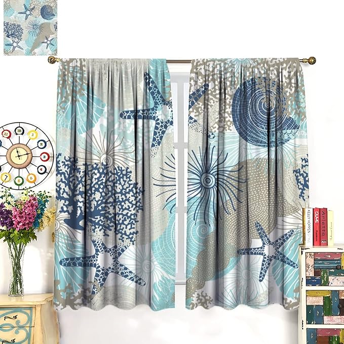Coastal Curtains Ocean Beach Themed Room Darkening Window Curtain Nautical Coral Blackout Curtain for Bedroom Living Room Bathroom Nursery Set 2 Panels,42x54 Inches