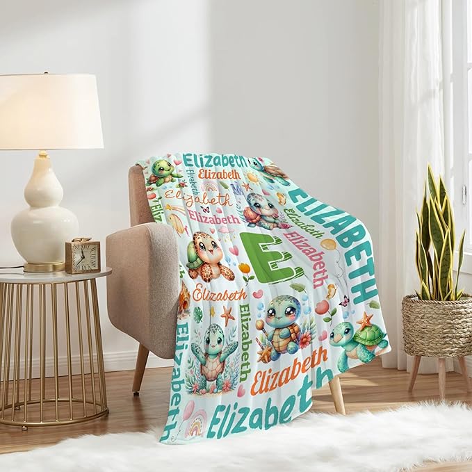 Personalized Custom Cute Turtle Blanket Gifts for Kids Boys Girls with Name - Customized Cute Turtle Super Soft Lightweight Flannel Sheets Decor for Crib Nap Couch - 50"x60" for Teens