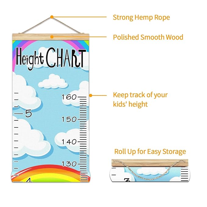 Kids Growth Chart Ruler for Wall Wood Frame Height Measure Chart 13.4x56 in Linen Hanging Height Growth Chart Rainbow Clouds Kids Room Decor