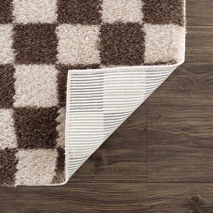 Hauteloom Canika Modern Checkered High Pile Area Rug - Contemporary Geometric Carpet for Living Room, Bedroom - Machine Washable Area Rug - Peach, Dark Brown - 2' x 2'11"