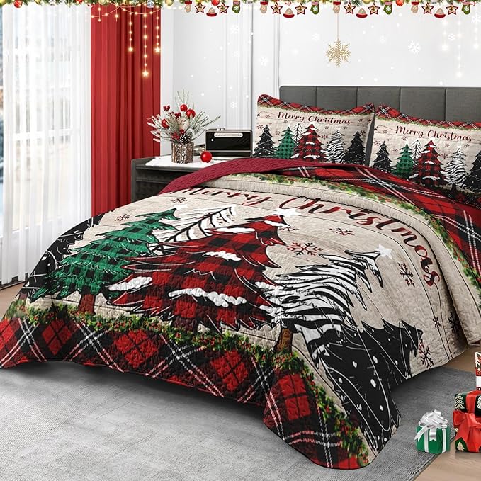 Christmas King Size Quilt Set, Black Red Plaid Lightweight Bedspread Coverlet with Pillow Shams for Kids and Adults, Retro Colorful Pine Tree 3 Pcs Bedding Bed Cover