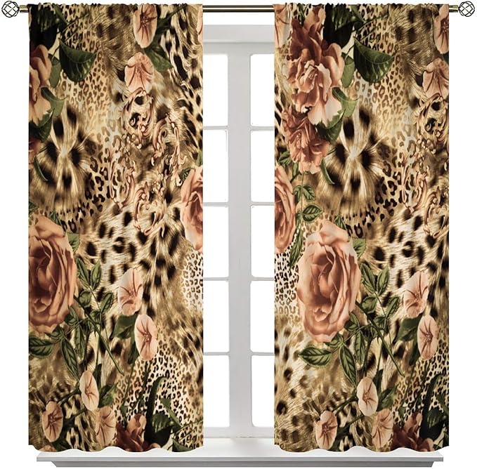 Leopard Floral Blackout Curtains, Cute Boho Floral Cheetah Animal Pattern Safari Natural Theme Window Treatments for Bedroom Living Room 42" W X 45" L