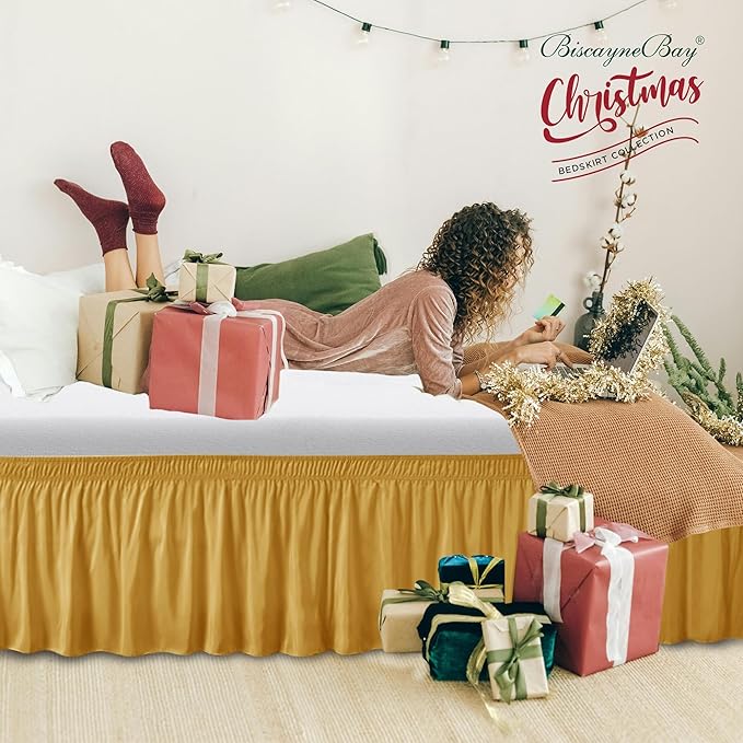 Biscaynebay Wrap Around Bed Skirts for Full & Full XL Beds 17" Long Drop, Gold Adjustable Elastic Dust Ruffles Easy Fit Wrinkle Resistant Silky Luxurious Fabric Machine Washable