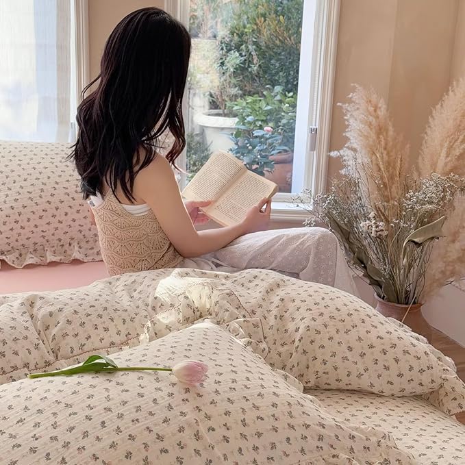 BuLuTu Pink Bellflower Print Duvet Cover Twin Muslin Cotton Comforter Cover for Toddler Kids Children Girls Boys, Lightweight Soft Quilt Covers, Zipper Closure, 4 Ties, No Pillow