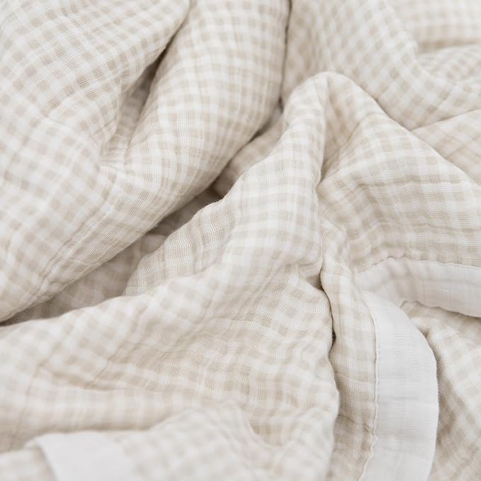 Little Unicorn Premium Quilted Throw | Super Soft, Multi-Layered Muslin XL Blanket| Great for Kids & Families (Tan Gingham)