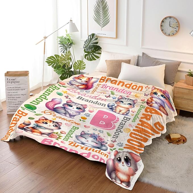 Personalized Custom Cat Blanket Gifts for Kids Boys Girls with Name - Customized Cat Super Soft Lightweight Flannel Sheets Decor for Crib Nap Couch - 50"x60" for Teens