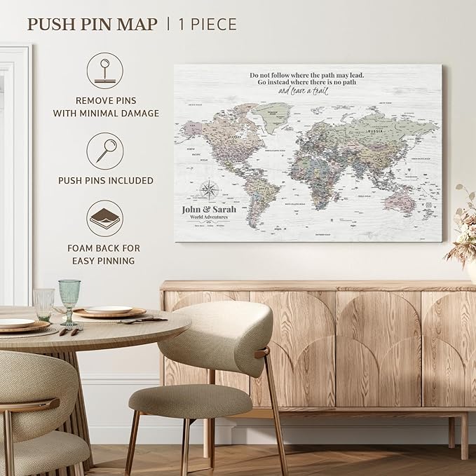 ElephantStock - Personalized Leave A Trail Iii Push Pin World Map Wall Art - Horizontal Canvas Wall Art - Living Room Wall Decor - Digital Art Map Canvas Art - White And Gray Decor - 48" x 32"