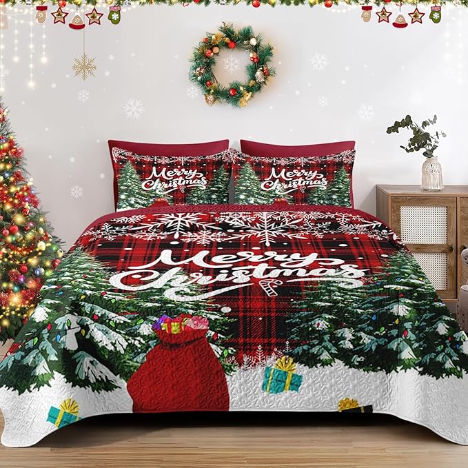 Christmas Full/Queen Size Quilt Set, Green Cartoon Trees Lightweight Bedspread Coverlet with Pillow Shams for Kids and Adults, Black Red Plaid 3 Pcs Bedding Bed Cover