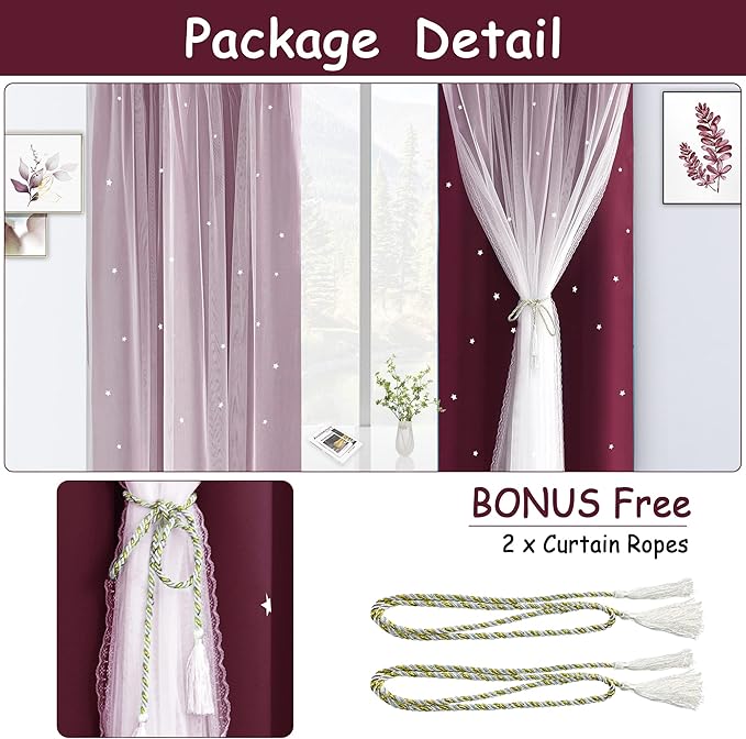 Kinryb Kids Blackout Curtains for Bedroom/Living Room/Classroom, Sheer Overlay 2 Free Tiebacks, Double Layer Curtains with Star Cutout for Kids Room(Each Piece W 70 x L 95 Inches 2 Pcs Red)