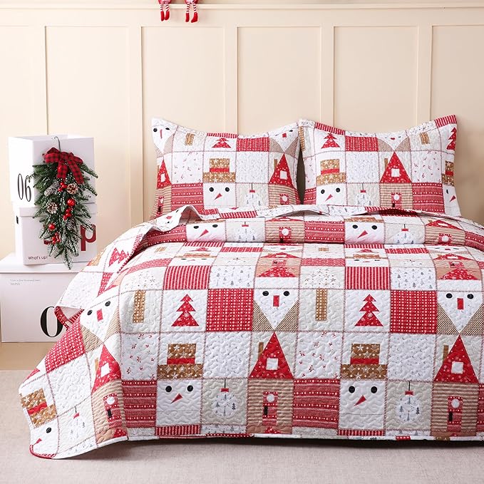 JSD Kids Christmas Quilt Set Full/Queen, Patchwork Christmas Bedding 3 Piece, Soft Microfiber Bedspread Coverlet Holiday Quilted Blanket