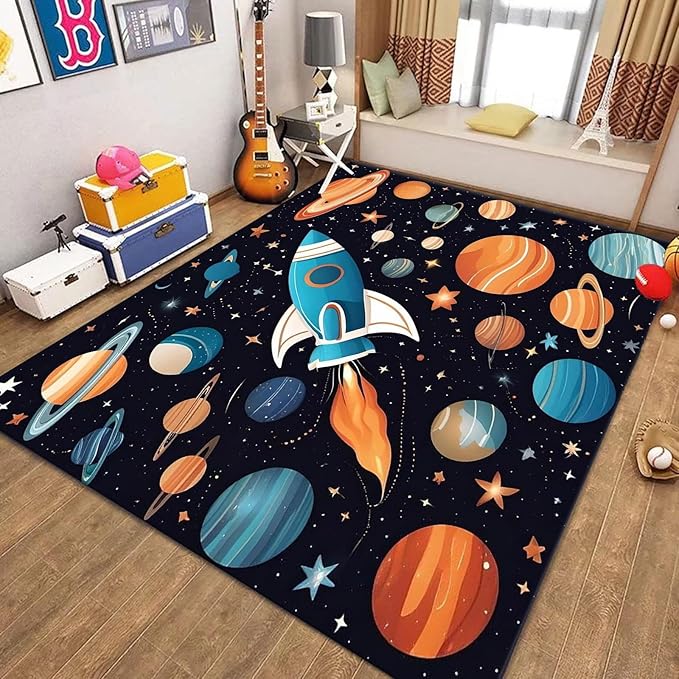 5x8ft Large Space Themed Area Rug - Cartoon Space Solar System Planets Area Rugs, Soft Non-Slip, Machine Washable Polyester Mats, Perfect for Kids Room, Playroom and Nursery, Space Room Decor
