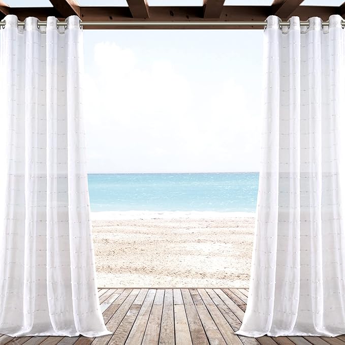 Lush Decor Farmhouse Textured Grommet Sheer Indoor/Outdoor Window Curtain Panel, 50"W x 84"L, Bleach White