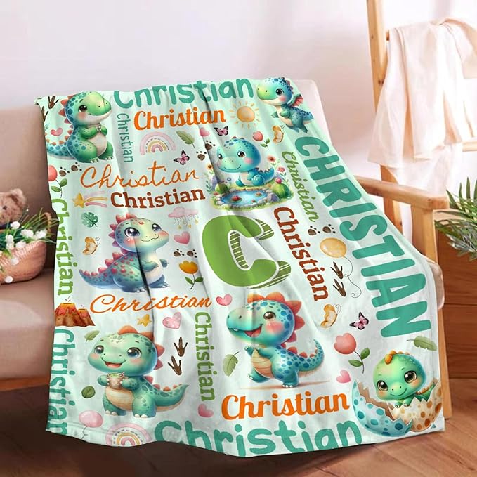 Personalized Custom Green Dinosaur Blanket Gifts for Kids Boys Girls with Name - Customized Green Dinosaur Super Soft Lightweight Flannel Sheets Decor for Crib Nap Couch - 50"x60" for Teens