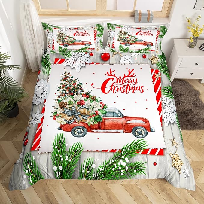 Christmas Kids Bedding Set Christmas Tree Racing Car Duvet Cover for Boys Children Teens Bedroom Decor Snowflake Xmas Theme Comforter Cover Set New Year Bedspread Cover Twin Size with 1 Pillow Case