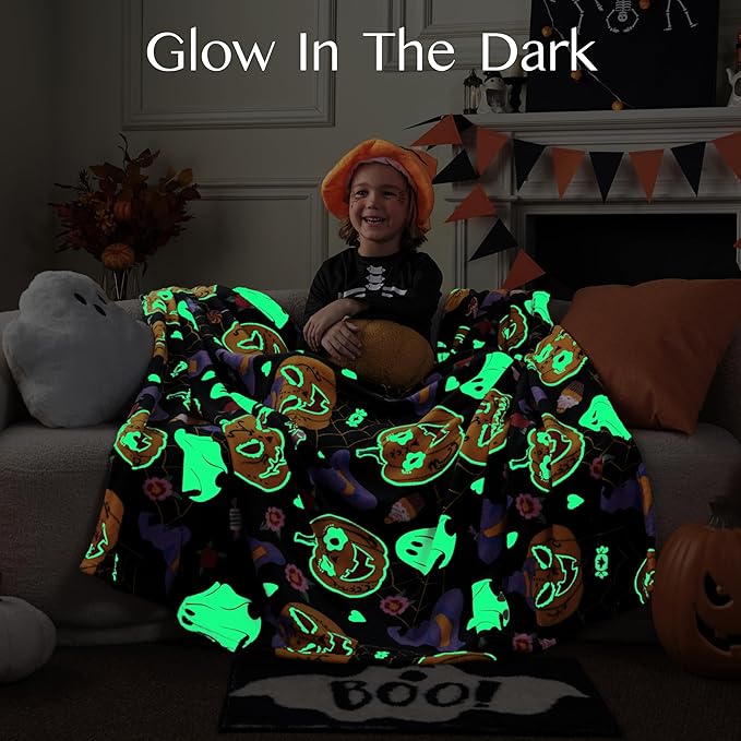 Joiedomi Glow in The Dark Blanket Pumpkin Black, Toys Gifts for Girls Age 2 3 4 5 6 7 8 9 10 11 12 Year Old, Soft Cozy Flannel Kids Throw Blanket, Christmas Birthday Present Bedroom Decor 50"×60"