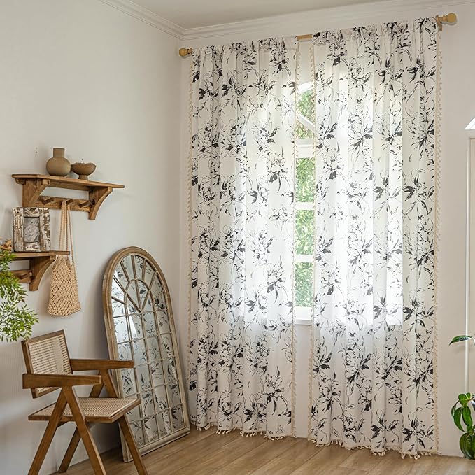 ENJOYBRIDAL Floral Curtains 96 Inches Semi Sheer Living Room Drapes Boho Bedroom Rod Pocket Long Window Curtain Panels Cute Patterned Light Filtering Farmhouse 2 Panels Window Treatments