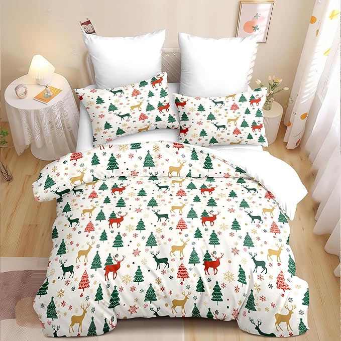 Christmas Duvet Cover Full Size Green Christmas Tree Bedding Set Kids Boys Girls Xmas Deer Pattern Comforter Cover 3 Pieces with Zipper Closure (No Comforter)
