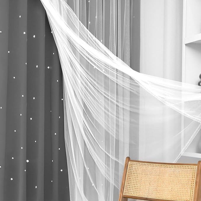 Kinryb Kids Blackout Curtains for Bedroom/Living Room/Classroom, Sheer Overlay 2 Panel Set, Double Layer Curtains with Star Cutout for Kids Room(Each Piece W 70 x L 84 Inches 2 Pcs Grey)