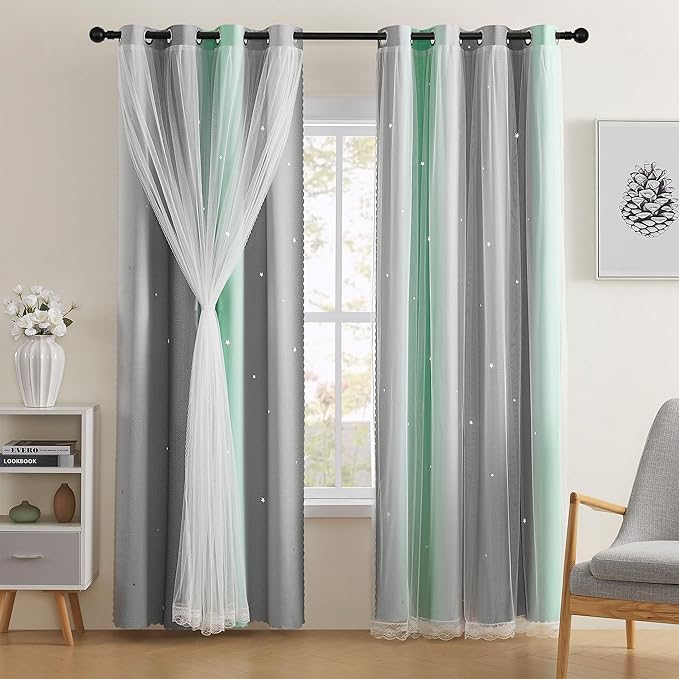 XiDi Green Grey Curtains for Girls Bedroom Decor Kids Blackout Curtains for Nursery Room Darkening Rainbow Princess Unicorn Wall Decals Little Girl 34x72 Inches Long 2 Panels Set