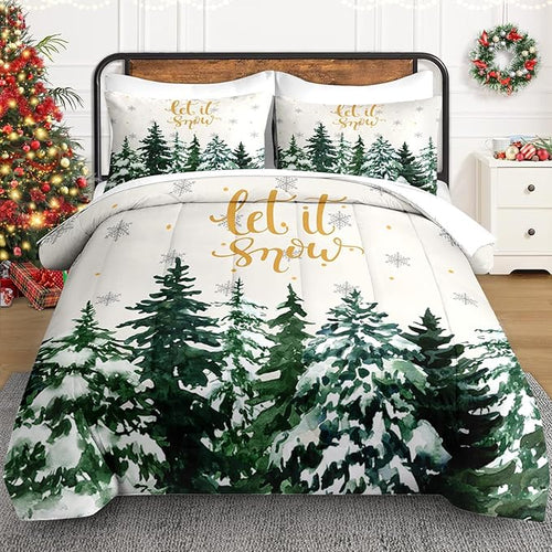 7 Pcs Queen Size Christmas Comforter Set with 2 Pillowcases & 2 Shams, Countryside Nature Snowy Bedding for Kids and Adults, Winter Forest Green Pine Tree Bed in a Bag with Flat Fitted Sheet