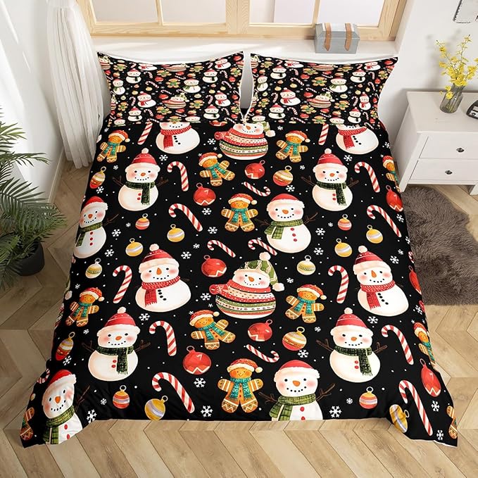 Feelyou Merry Christmas Duvet Cover Full Size Gingerbread Man Snowman Comforter Cover for Boys Girls Candy Cane Bell Xmas Decor Bedding Set 3Pcs Reversible Xmas Decor Room Decor