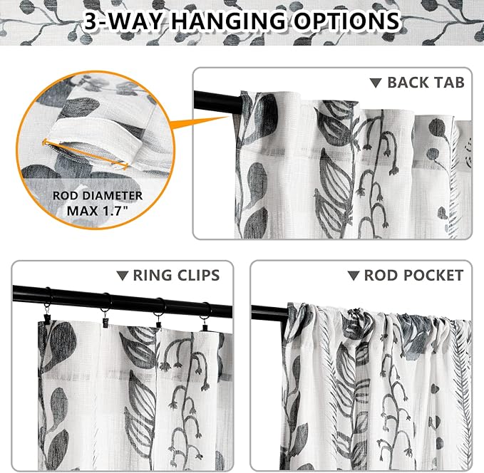 MEETSKY Boho Curtains 108 Inches Length for Living Room Bedroom Light Filtering Print Western Window Curtains Back Tab Home Decorative Burlap Effect Extra Long Drapes, 50” Wide Each Panel, 2 Panels