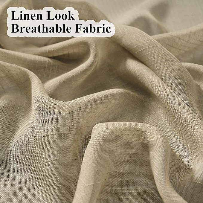 Taupe Sheer Curtains 96 Inches Long, Neutral Linen Look Textured Light Filtering Drapes Decor, Tan Beige Transparent Window Treatments, Rustic Pinch Pleat Curtain with Hooks