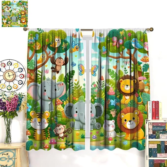 Cartoon Animals Curtain Jungle Forest Elephant Lion Butterfly Floral Print Curtains for Kids Boys Girls Nursery Baby Bedroom Playroom Home Decor Window Drapes 63" W X 72" L