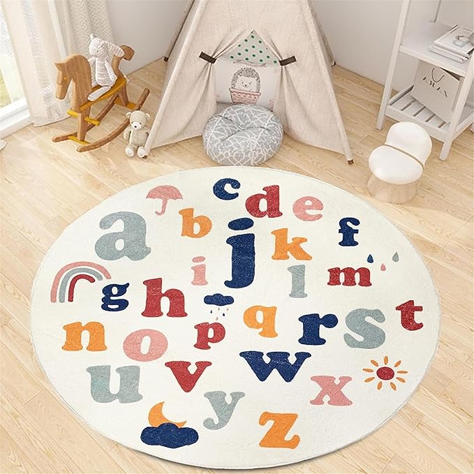 ABC Round Rug,7ft,Children's Educational Learning Area Rug, Colorful Alphabet Kindergarten Area Rug, Soft Fluffy Faux Cashmere Baby Crawling Mat for Living Room, Bedroom, Children's Room