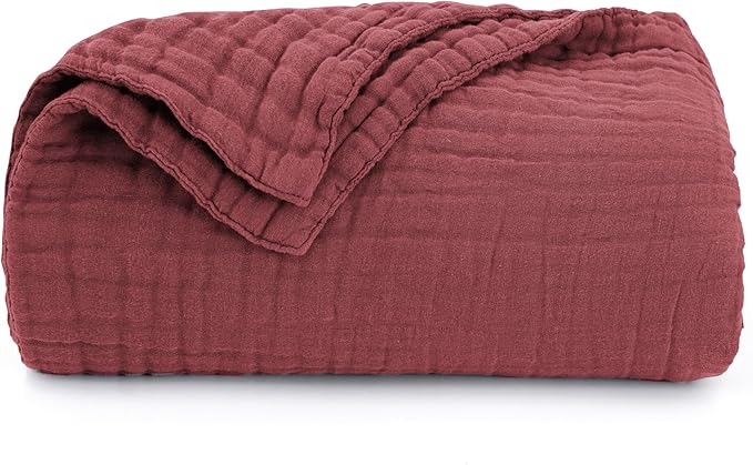 Love's cabin 6 Layer 100% Cotton Muslin Blanket, 60"x80" Twin Muslin Blanket for Couch Bed, Lightweight and Breathable Cotton Gauze for Adult, Wine Red