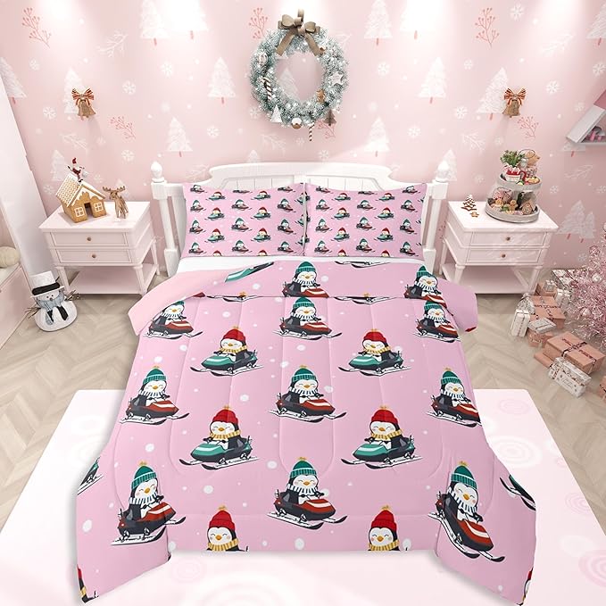 Feelyou Christmas Kids Comforter Set Full Size Pink Penguin Bedding Set Cartoon Penguin Skiing Duvet Quilt for Kids Boys Girls Bedroom Snowflake Decor Microfiber Ultra Soft Breathable