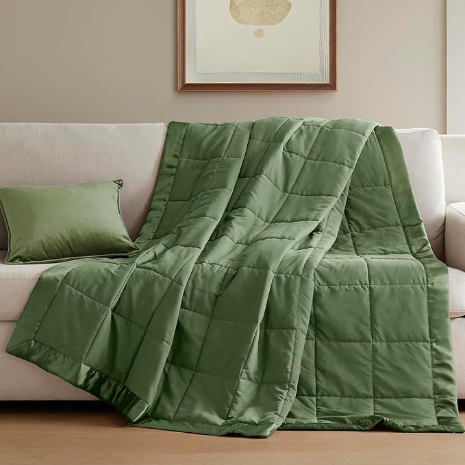 Madison Park Twin Blanket Quilted Microfiber, Satin Binding, 3M Scotchgard Moisture Wicking Treatment, Soft and Lightweight Summer Blanket for Couch, Windom, Twin, Green