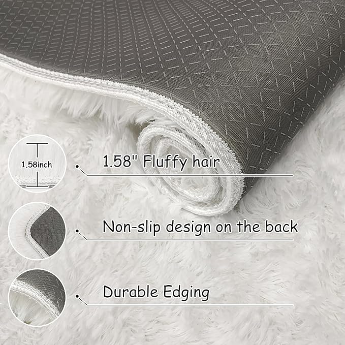 Soft Fluffy White Rug for Bedroom Living Room, 4x6 Furry Cream Area Rug Soft Fuzzy Shag Carpet for Boys Girls Room Dorm Dresser Bedside, Plush Thick Throw Kids Shaggy Rug Non-Slip for Nursery
