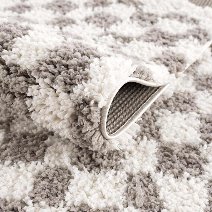 Hauteloom Kieu Contemporary Checkered Fluffy Shag Area Rug - Modern Geometric Soft Carpet Tiles for Living Room, Kids Room, Nursery - Gray, Light Grey, White - 5'3" x 7'